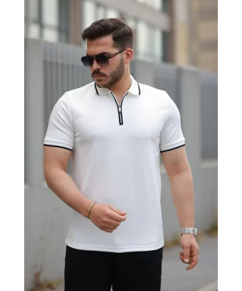 Erkek Fermuar Yakalı çizgi Detaylı Oysho Kumaş Kısa Kollu Tişört