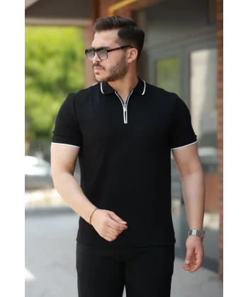 Erkek Fermuar Yakalı çizgi Detaylı Oysho Kumaş Kısa Kollu Tişört