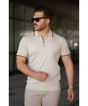 Erkek Fermuar Yakalı çizgi Dokulu Kısa Kollu Tişört