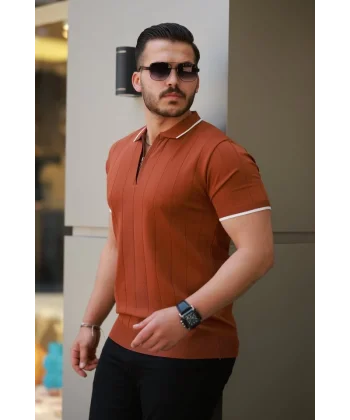 Erkek Fermuar Yakalı çizgi Dokulu Kısa Kollu Tişört