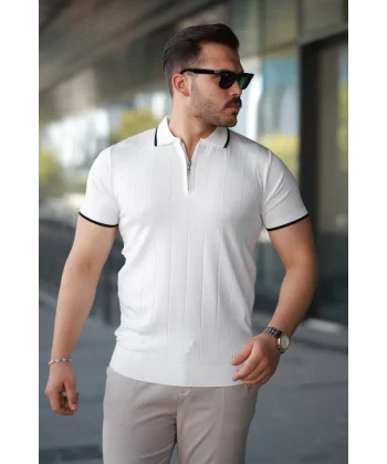 Erkek Fermuar Yakalı çizgi Dokulu Kısa Kollu Tişört