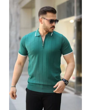 Erkek Fermuar Yakalı çizgi Dokulu Kısa Kollu Tişört