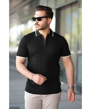 Erkek Fermuar Yakalı çizgi Dokulu Kısa Kollu Tişört