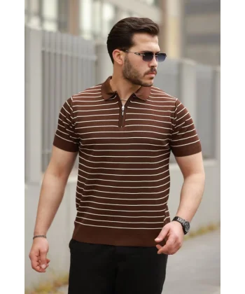 Erkek Fermuar Yakalı çizgili Kısa Kollu T-shirt