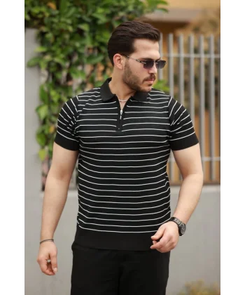 Erkek Fermuar Yakalı çizgili Kısa Kollu T-shirt