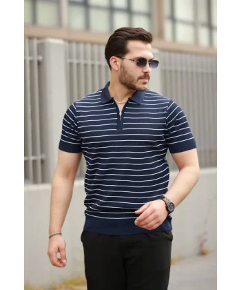 Erkek Fermuar Yakalı çizgili Kısa Kollu T-shirt