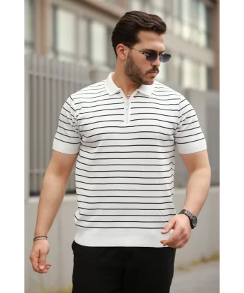 Erkek Fermuar Yakalı çizgili Kısa Kollu T-shirt
