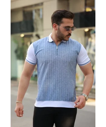Erkek Fermuar Yakalı çizgili Kısa Kollu Tişört