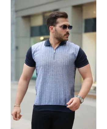 Erkek Fermuar Yakalı çizgili Kısa Kollu Tişört