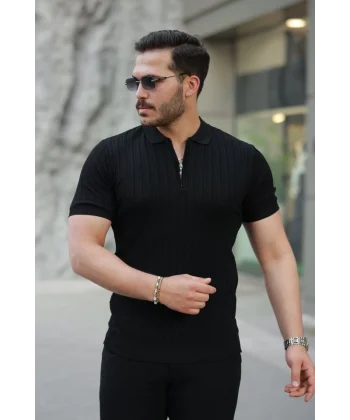 Erkek Fermuar Yakalı Kısa Kollu Tişört