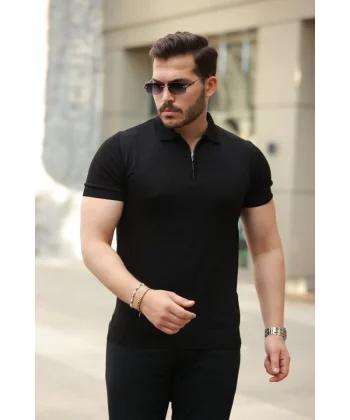 Erkek Fermuar Yakalı Kısa Kollu Tişört