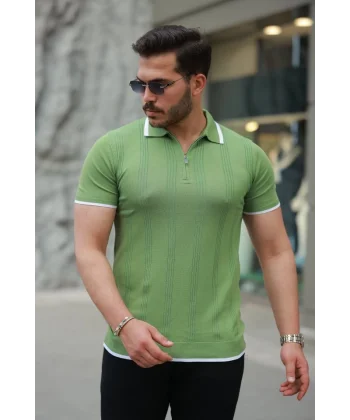 Erkek Fermuar Yakalı Kısa Kollu Tişört