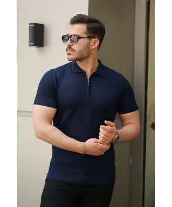 Erkek Fermuar Yakalı Kısa Kollu Tişört