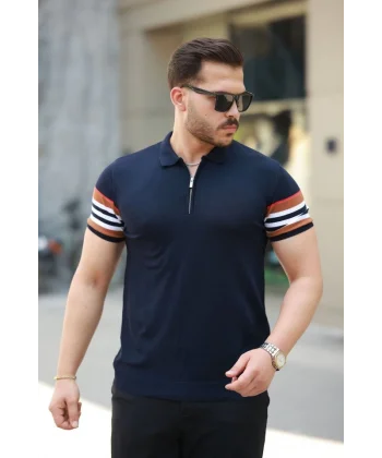 Erkek Fermuar Yakalı Kolları Desenli Kısa Kollu Tişört