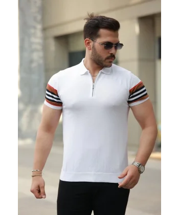 Erkek Fermuar Yakalı Kolları Desenli Kısa Kollu Tişört