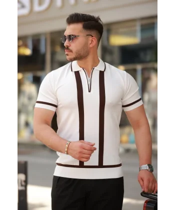 Erkek Fermuar Yakalı şerit Detaylı Kısa Kollu Tişört