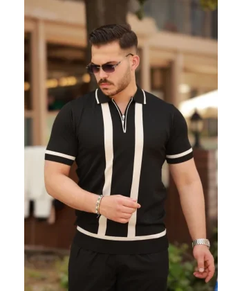 Erkek Fermuar Yakalı şerit Detaylı Kısa Kollu Tişört