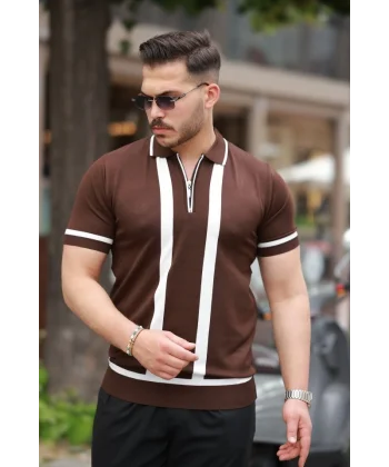 Erkek Fermuar Yakalı şerit Detaylı Kısa Kollu Tişört