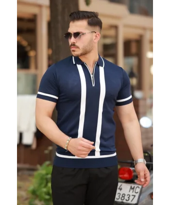 Erkek Fermuar Yakalı şerit Detaylı Kısa Kollu Tişört