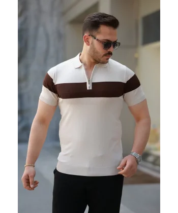 Erkek Fermuar Yakalı şerit Renk Desenli Kısa Kollu Tişört