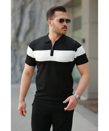 Erkek Fermuar Yakalı şerit Renk Desenli Kısa Kollu Tişört