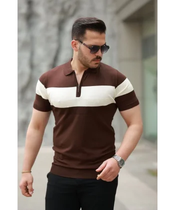 Erkek Fermuar Yakalı şerit Renk Desenli Kısa Kollu Tişört