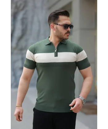 Erkek Fermuar Yakalı şerit Renk Desenli Kısa Kollu Tişört