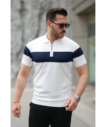 Erkek Fermuar Yakalı şerit Renk Desenli Kısa Kollu Tişört