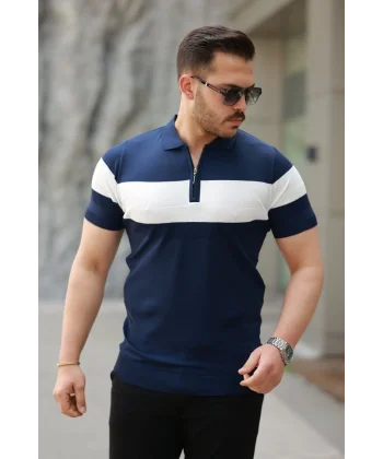 Erkek Fermuar Yakalı şerit Renk Desenli Kısa Kollu Tişört