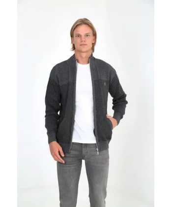 Erkek Fermuarlı Triko Hırka Yüksek Yaka, Cepli, Günlük Şık Rahat Kalıp Triko - Gri