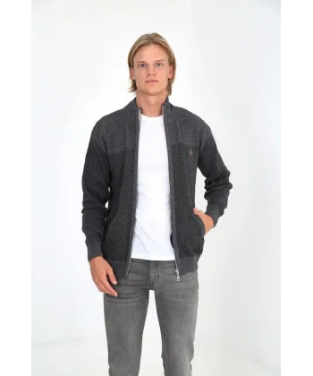 Erkek Fermuarlı Triko Hırka Yüksek Yaka, Cepli, Günlük Şık Rahat Kalıp Triko - Gri