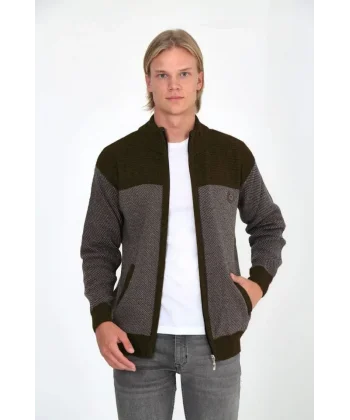 Erkek Fermuarlı Triko Hırka Yüksek Yaka, Cepli, Günlük Şık Rahat Kalıp Triko - Kahverengi