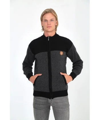 Erkek Fermuarlı Triko Hırka Yüksek Yaka, Cepli, Günlük Şık Rahat Kalıp Triko - Siyah