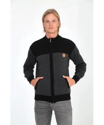 Erkek Fermuarlı Triko Hırka Yüksek Yaka, Cepli, Günlük Şık Rahat Kalıp Triko - Siyah