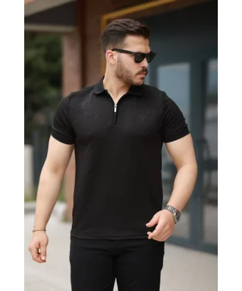Erkek Fermuarlı Yaka Kısa Kollu Tişört