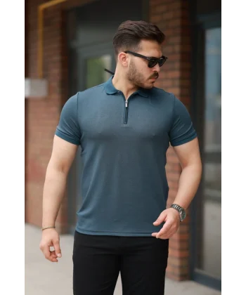 Erkek Fermuarlı Yaka Kısa Kollu Tişört