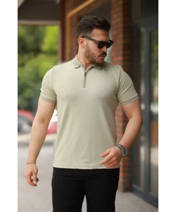 Erkek Fermuarlı Yaka Kısa Kollu Tişört