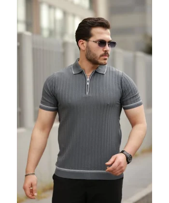 Erkek Fermuarlı Yakalı Kısa Kollu T-shirt