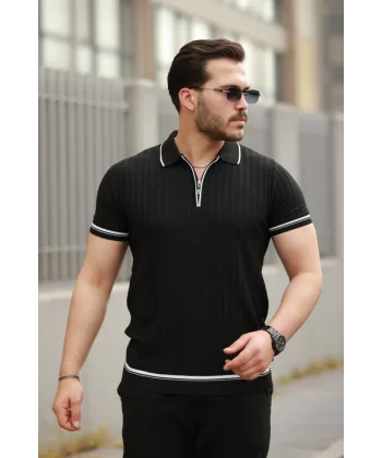 Erkek Fermuarlı Yakalı Kısa Kollu T-shirt