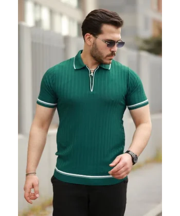 Erkek Fermuarlı Yakalı Kısa Kollu T-shirt