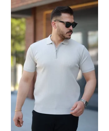 Erkek Fermuarlı Yakalı Kısa Kollu Tshirt