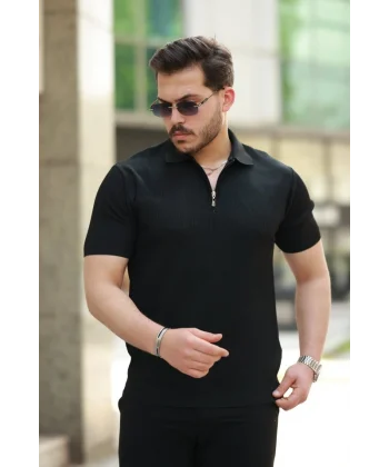 Erkek Fermuarlı Yakalı Kısa Kollu Tshirt