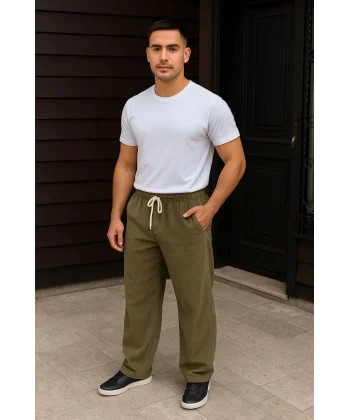 Erkek Fitilli Kadife Cepli Buggy Pantolon Oversize Rahat Kalıp - Haki