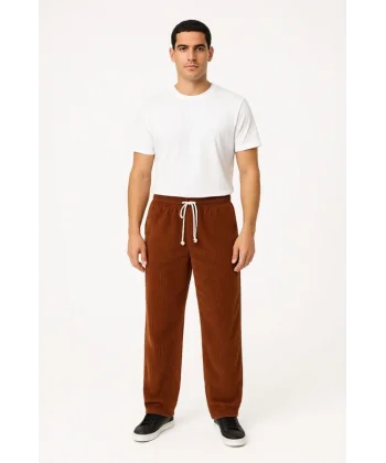 Erkek Fitilli Kadife Cepli Buggy Pantolon Oversize Rahat Kalıp - Kahverengi
