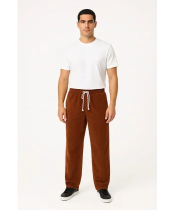 Erkek Fitilli Kadife Cepli Buggy Pantolon Oversize Rahat Kalıp - Kahverengi
