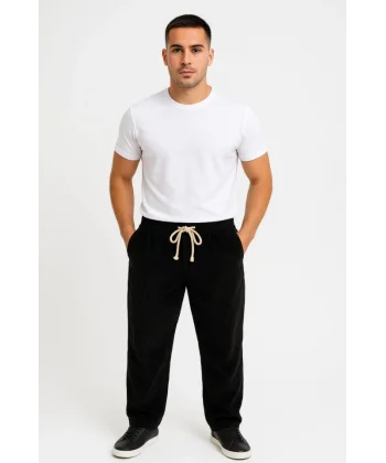 Erkek Fitilli Kadife Cepli Buggy Pantolon Oversize Rahat Kalıp - Siyah