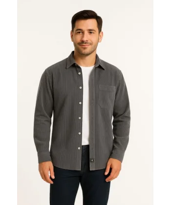 Erkek Fitilli Kadife Cepli Gömlek Oversize Rahat Kalıp - Füme