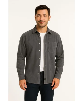 Erkek Fitilli Kadife Cepli Gömlek Oversize Rahat Kalıp - Füme