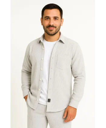 Erkek Fitilli Kadife Cepli Gömlek Oversize Rahat Kalıp - Gri