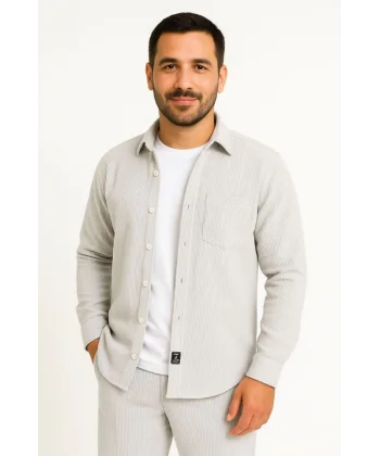 Erkek Fitilli Kadife Cepli Gömlek Oversize Rahat Kalıp - Gri